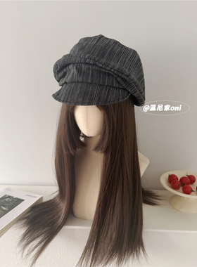 清冷艺术家·复古条纹大版云朵棉麻八角帽百搭鸭舌显脸小画家帽子