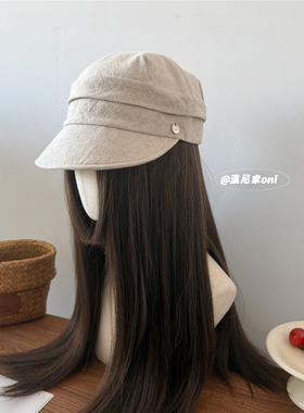 高货~日系山本风亚麻褶皱圆顶马术帽子女夏显脸小软檐文艺鸭舌帽
