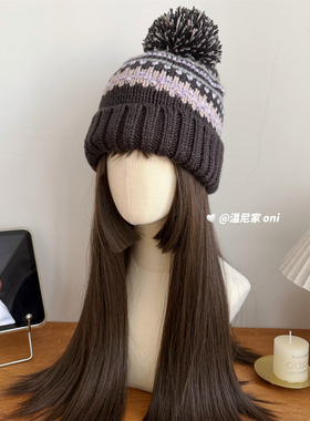 配色hin美~甜！费尔岛针织毛线帽子女冬大毛球可爱显脸小韩系冷帽