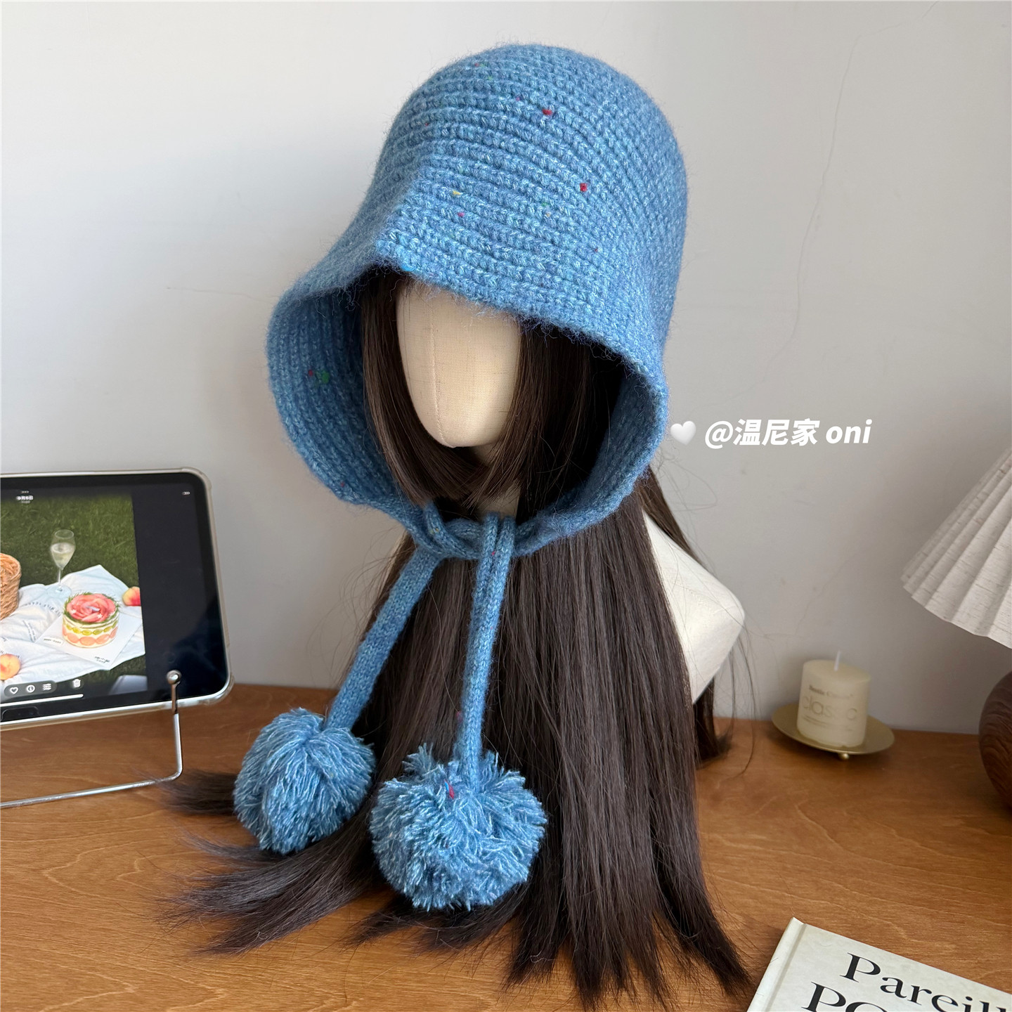 冬日初见~可爱减龄ins毛球蓝色巴拉克拉法帽女冬防寒护耳针织帽潮,淘宝优惠券,粉丝福利购,淘宝优惠卷