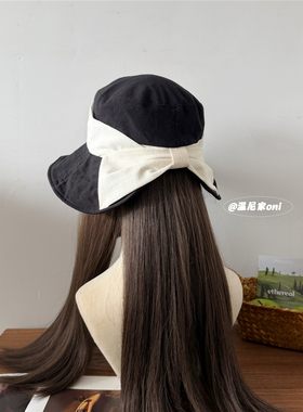 海盐奶蓝色~日系棉麻透气蝴蝶结渔夫帽女夏遮脸可折叠防晒盆帽潮
