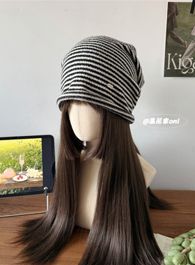 慵懒风~韩系条纹堆堆帽子女秋冬百搭大头围显脸小护耳包头冷帽潮