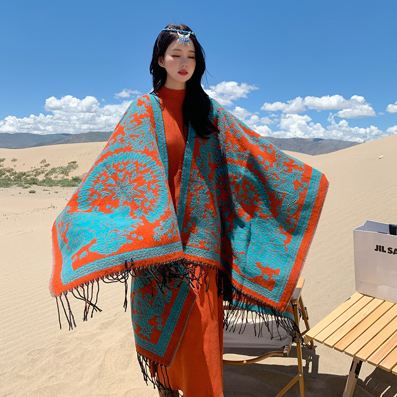 西藏披肩青海湖大西北沙漠防晒丝巾纱巾民族风围巾女新疆旅游穿搭 - 图1