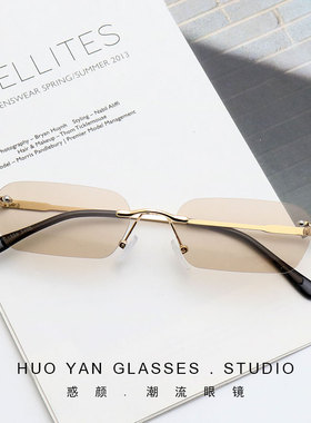 红色窄框长方形无框时尚太阳镜潮