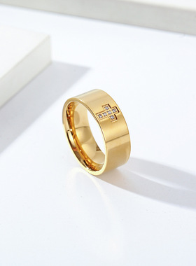 跨境电商钛钢饰品镶钻十字架戒指男士简约个性指环潮人穿搭手饰品