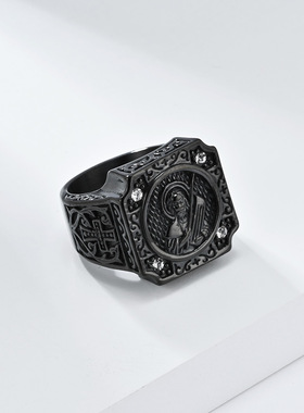 跨境欧美复古十字架人像戒指环男士个性不锈钢扳指做旧手饰品