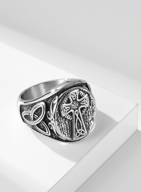 复古北欧凯尔特结十字架不锈钢戒指男士永恒三角结钛钢扳指环手饰