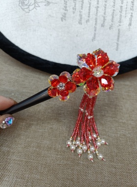 水晶花朵发簪女高级感大号后脑勺盘发发饰头饰红色花朵流苏发簪