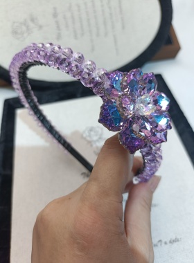 高级感水晶花朵发箍满钻发箍头箍压发圈刘海发箍花朵发饰头箍紫色