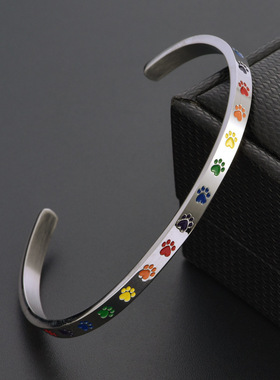 外贸新品钛钢开口C形小清新彩虹手镯女式狗印六色手环配饰品