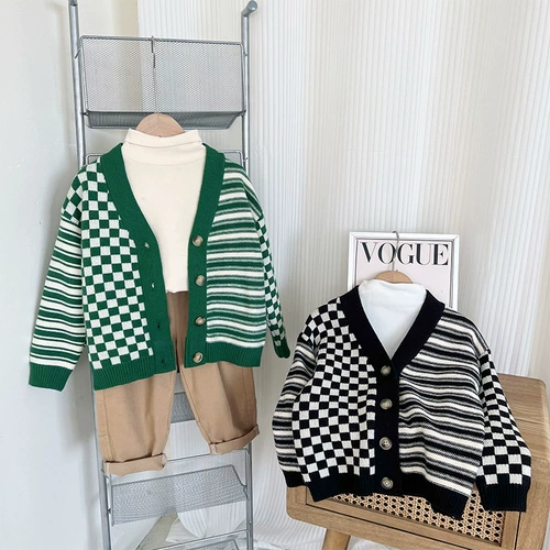 Шахматы для мальчиков, осенний кардиган, куртка для девочек для отдыха, свитер, V-образный вырез