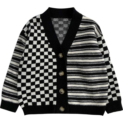 Шахматы для мальчиков, осенний кардиган, куртка для девочек для отдыха, свитер, V-образный вырез