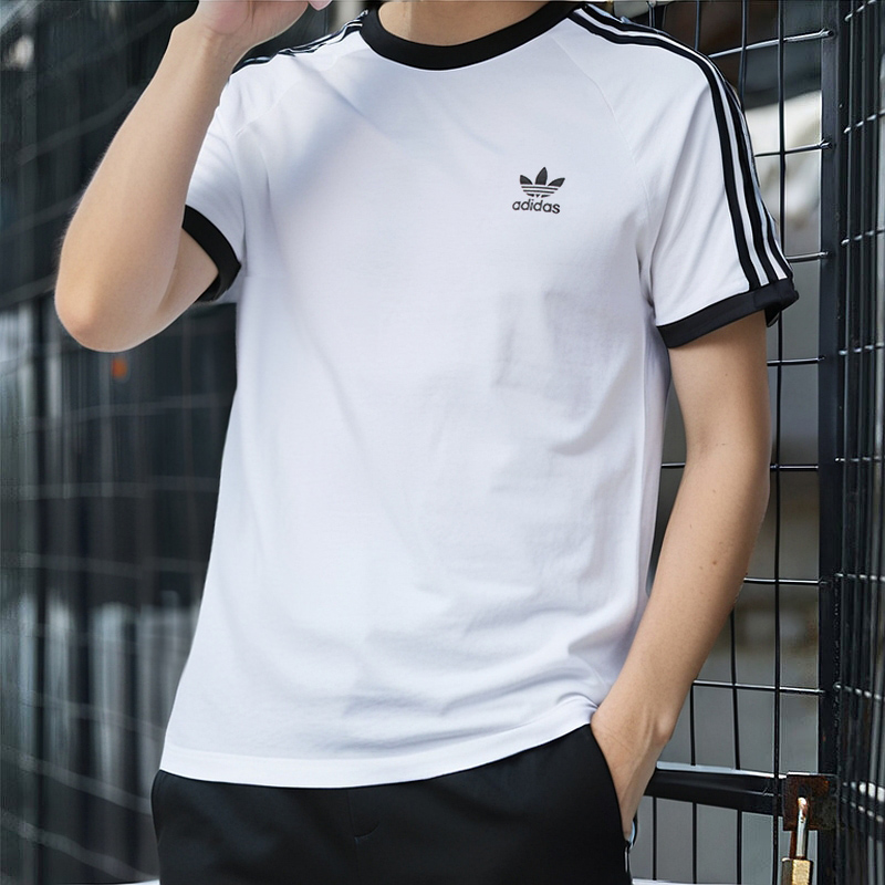 阿迪达斯白色T恤男女上衣圆领短袖25春夏新款三条纹运动服KB2460 - 图1