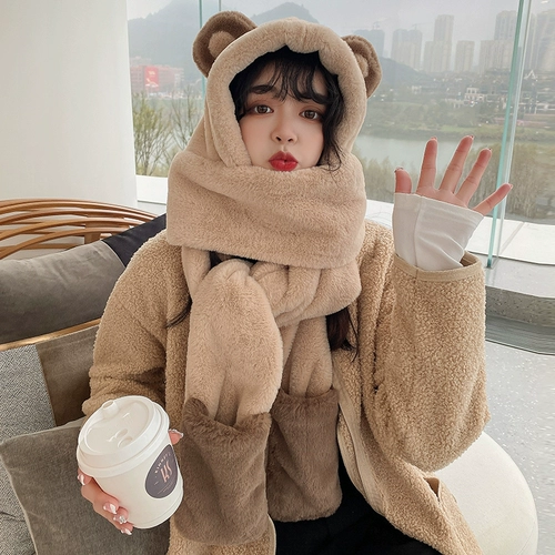 Шапка, зимний шарф, толстовка с капюшоном, зимние удерживающие тепло перчатки, бархатный комплект, с медвежатами, коллекция 2023, 3 предмета