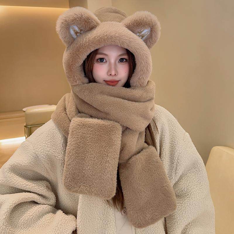 可爱毛绒小熊帽子围巾手套一体女冬季加厚保暖防风护颈连帽雷锋帽,淘宝优惠券,粉丝福利购,淘宝优惠卷