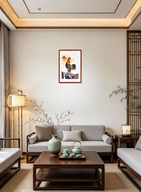 金鸡报晓挂画 手绘雄鸡画 旭日东升装饰画 十二生肖公鸡画 雄鸡图