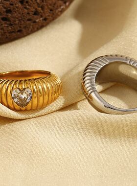 螺纹不锈钢设计金长戒指18欧美