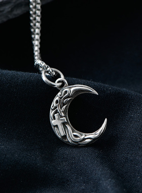 925银复古月牙十字架锁骨项链