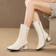 Full cowhide thick heel plus velvet round toe large size mid-calf boots