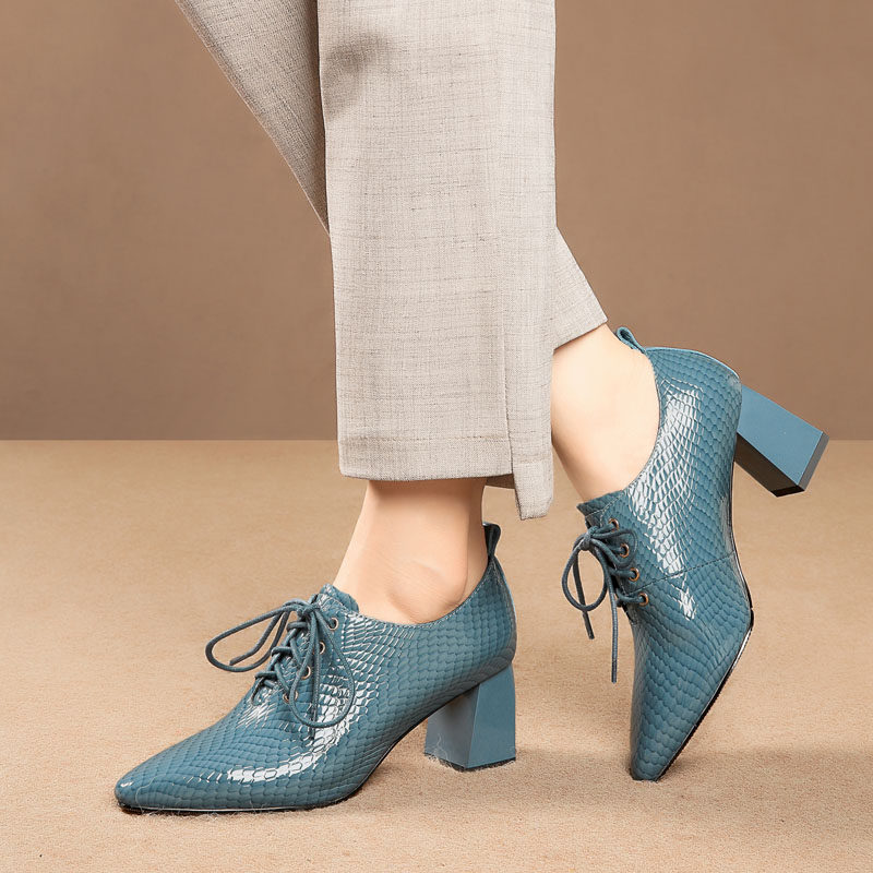 尖头高跟鞋女2025春秋新款真皮深口单鞋前系带欧美粗跟大码女鞋子,淘宝优惠券,粉丝福利购,淘宝优惠卷