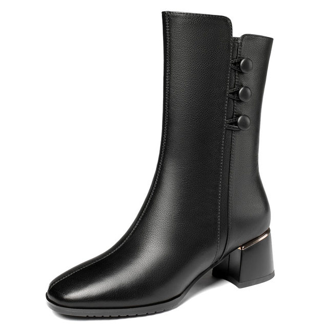 Full cowhide thick heel plus velvet round toe large size mid-calf boots