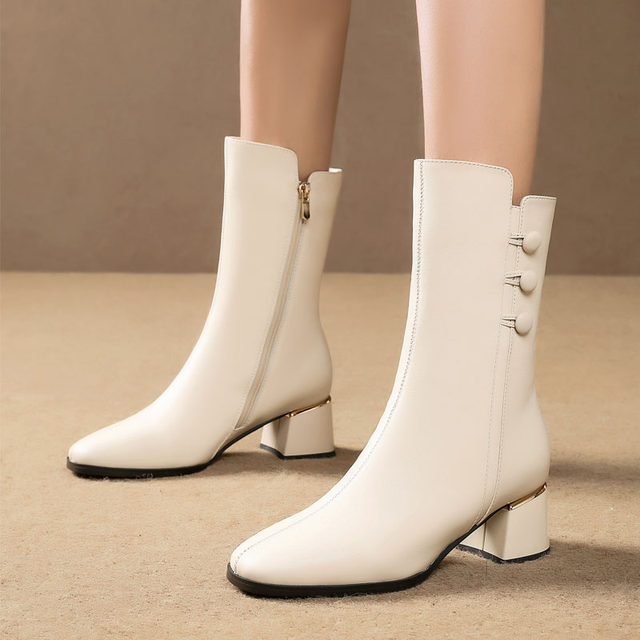 Full cowhide thick heel plus velvet round toe large size mid-calf boots