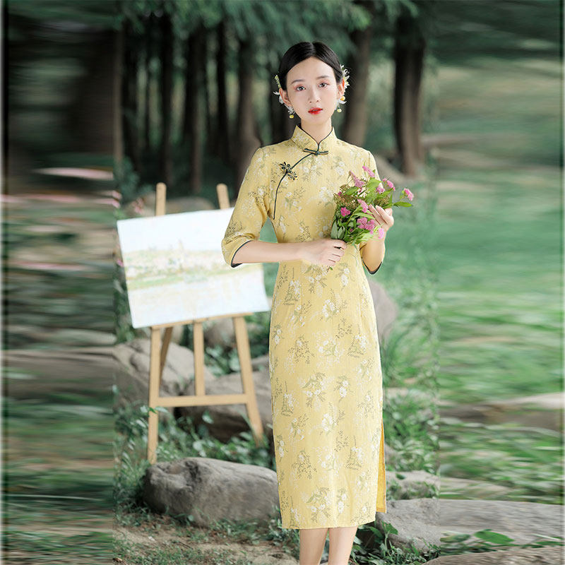 棉麻中长款旗袍七分袖改良连衣裙 居前旗袍