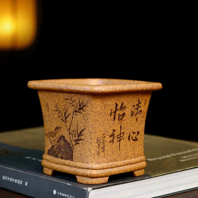 High-end high-end purple sand flower pots, wood-fired square bonsai pots, hand-engraved succulent calamus, cloud bamboo and gold marble pots