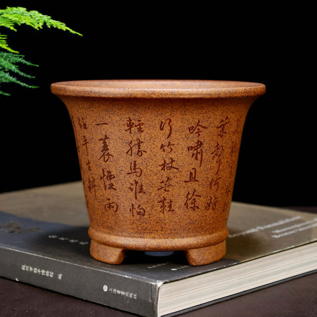 High-quality wood-fired purple clay flowerpot, small orchid, succulent calamus, cloud bamboo, golden marble bonsai pot, desktop green plant ceramic pot