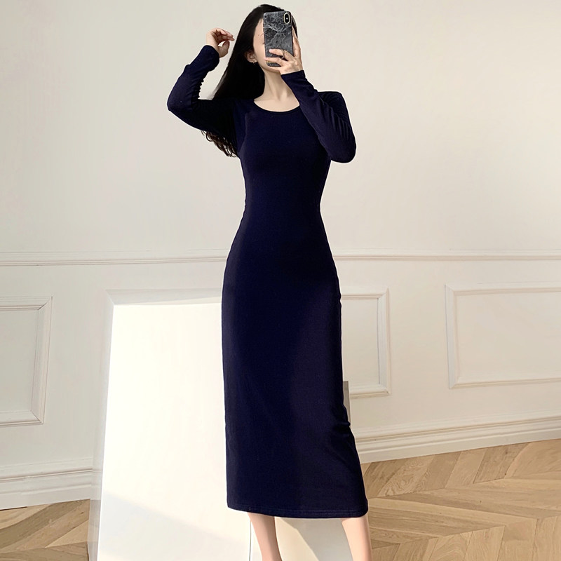 圆领连衣裙秋冬新款修身打底裙子 风私语连衣裙