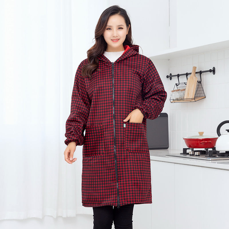 加绒罩衣大人女新款工作服外穿厨房家用防水防油加厚长袖围裙冬季 - 图1