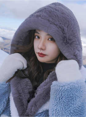 獭兔毛加密加厚围巾帽女士护耳帽