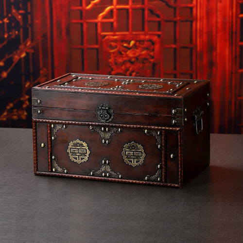 仿古老式木箱子喜字婚嫁箱长方形复古家用储物箱带锁收纳箱百宝箱 - 图2