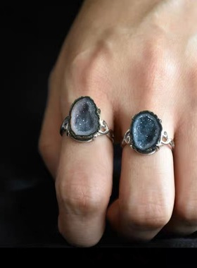 原石原石原矿玛瑙小晶洞戒指S925银镶嵌聚宝盆玛瑙活口流行饰品