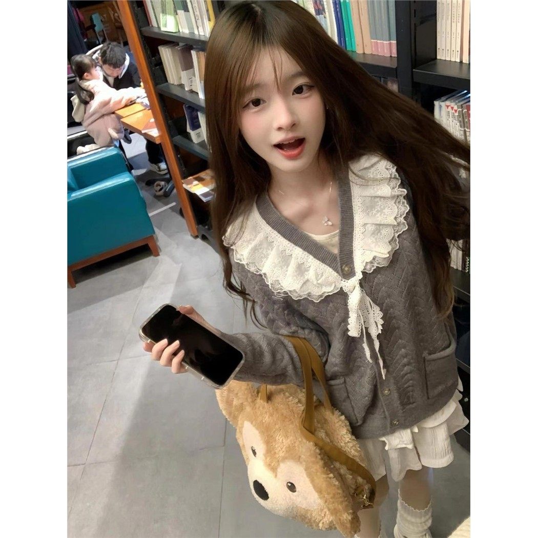 灰色v领蕾丝蝴蝶结针织开衫女春秋娃娃领镂空毛衣外套学院风上衣,淘宝优惠券,粉丝福利购,淘宝优惠卷