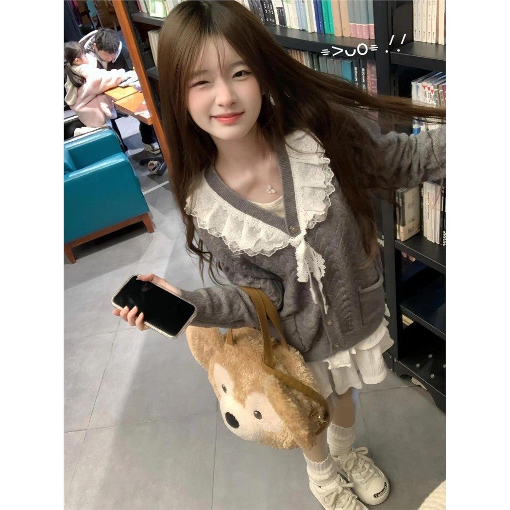 灰色v领蕾丝蝴蝶结针织开衫女春秋娃娃领镂空毛衣外套学院风上衣,淘宝优惠券,粉丝福利购,淘宝优惠卷