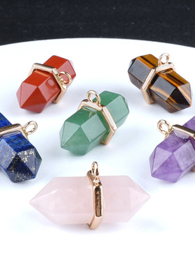 天然水晶石头双尖六角柱吊坠项链