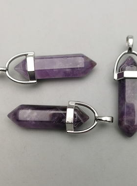 天然石紫水晶六角柱项链挂坠