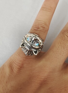 s925银 印第安猫 戒指 复古做旧男士开口可调节戒指