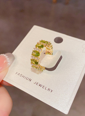 法式轻奢百搭绿色锆石几何开口戒精致时尚简约感超闪食指戒女