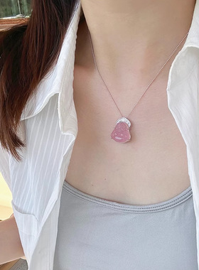 s925银天然粉玉髓笑脸佛公吊坠项链女高级感小众秋冬锁骨颈链饰品