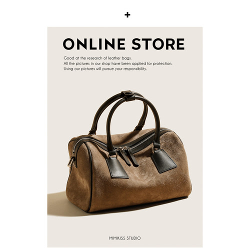 mimikiss轻奢磨砂牛皮波士顿包女大容量手提保龄球包包 - 图0