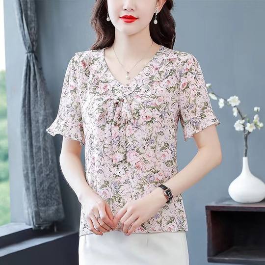 Floral shirt for women in summer 2024 new design style Korean style ruffle short-sleeved chic top chiffon shirt