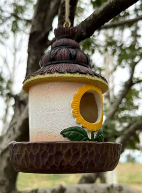 自然鸟窝喂食树脂蜂鸟舍装饰花园庭院草垛鸟屋树脂工艺品摆件