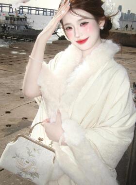 民国风白色毛毛绒斗篷披肩配旗袍秋冬季氛围感仿皮草气质女装外套
