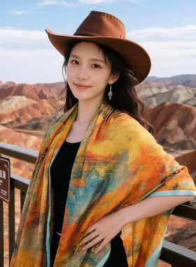 民族风丝巾披肩女七彩丹霞西北沙漠旅行拍照防晒头巾旅游穿搭夏季