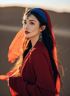 夏季青海西北沙漠旅游穿搭棉麻红色纱巾女丝巾防晒披肩包头巾围巾