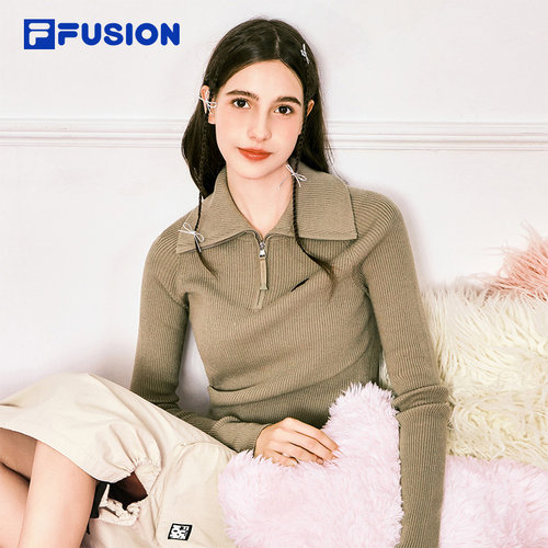 FILA FUSION斐乐潮牌女子编织衫2024冬款时尚修身半拉链高领毛衣 - 图1