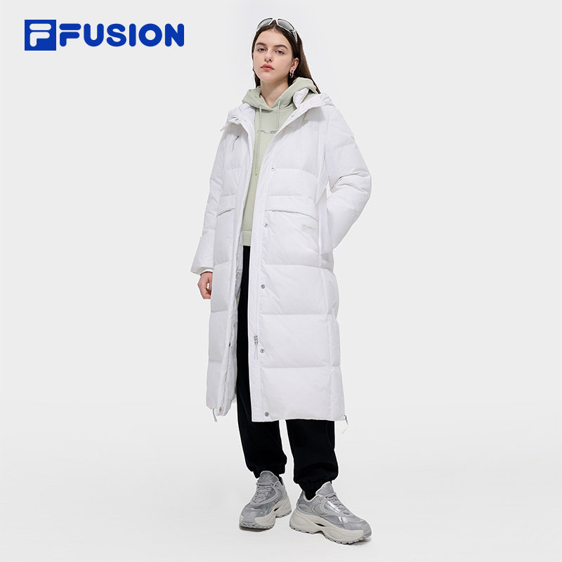 FILA FUSION斐乐潮牌长款羽绒服女2024冬季新款宽松保暖连帽外套