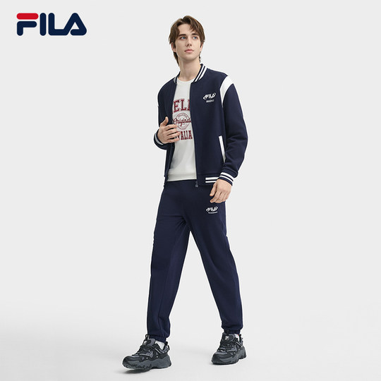 FILA 斐乐官方男士针织长袖外套2024冬季新款时尚休闲拼色棒球服